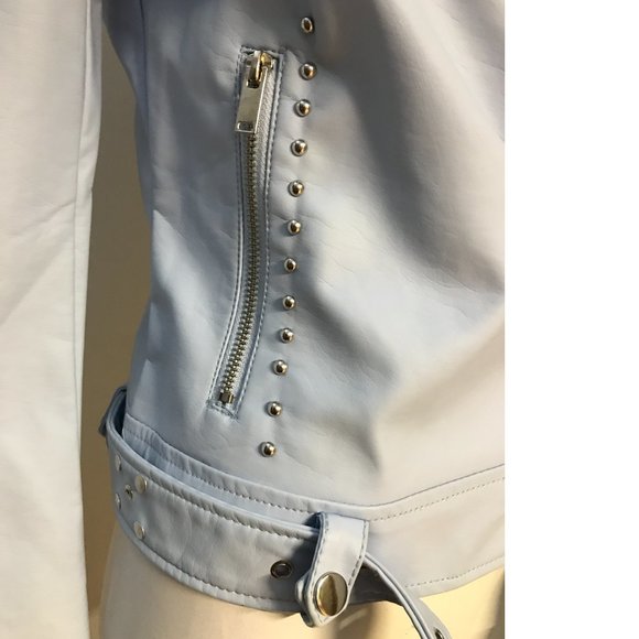 F21 SKY BABY BLUE vegan leather studded biker moto jacket coat blazer NWT - Picture 7 of 13